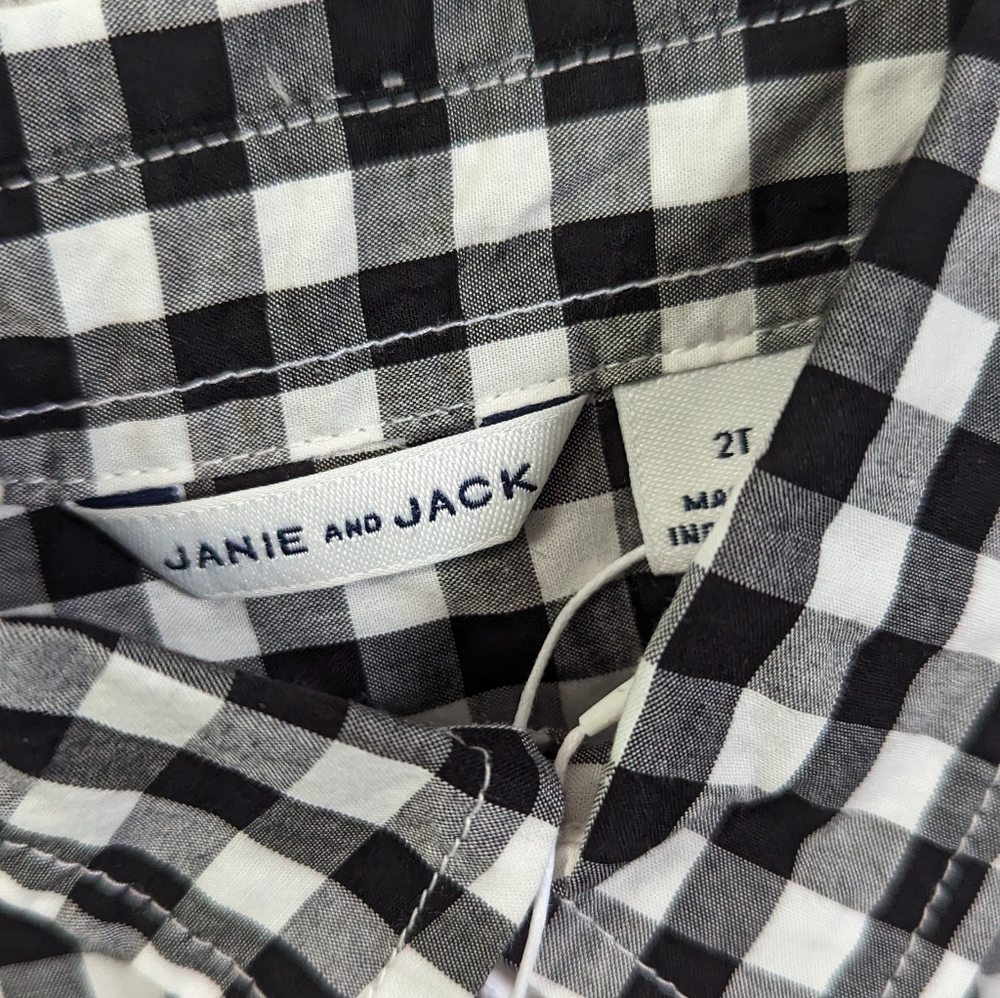NWT Janie and Jack Long Sleeve Linen Collared Button Up Shirt, Black Gingham, 2T - Picture 4 of 6